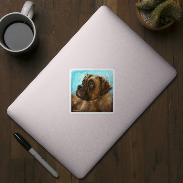 Thick Oil Painting of a Brown Coated Boxer Dog Looking to the Side on Blue Background by ibadishi